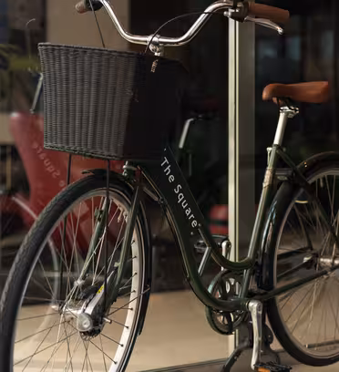 A green bicycle with a black basket at the front is parked indoors against a glass door. The bike has brown saddle and handlebar grips, with the words The Square on its frame. A large green decorative object is in the background.