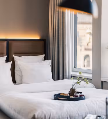 A neatly made bed with white linens and brown headboards is reflected in a mirror. A tray of snacks and drinks sits on the bed, and a vase of green plants sits on the windowsill next to large windows with gray curtains.