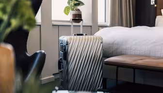 A silver hard suitcase with a textured, diagonal line pattern stands upright next to a bed in a modern, well-lit hotel room with plants and contemporary furniture.