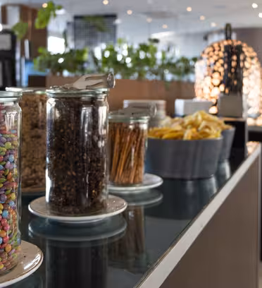 Jars of colorful candy, nuts, dried fruit, pretzel sticks, and a bowl of potato chips are neatly arranged on a counter in a well-lit room. The background features green plants and modern decor.